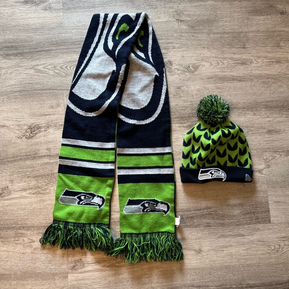 Seahawks winter beanie and scarf in traditional Seahawks colors